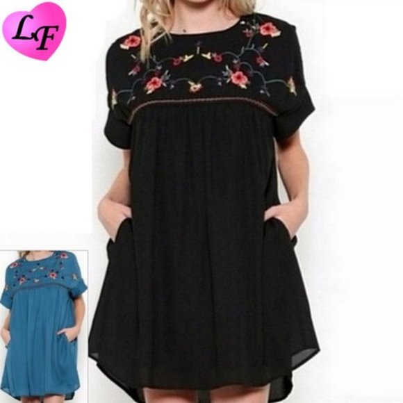 Esley Dresses & Skirts - ESLEY Babydoll Dress Floral Embroidery Blue Black